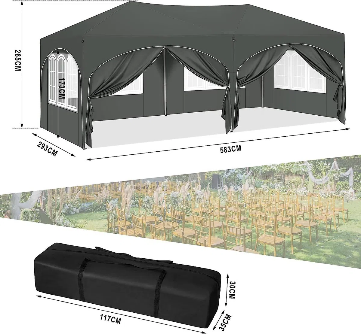 Pawilon 3 x 6 m, wodoszczelny, stabilny, ochrona przed promieniowaniem UV 50+, z 6 ściankami bocznymi, z regulacją wysokości, do ogrodu, na taras, kemping, imprezę i wesele