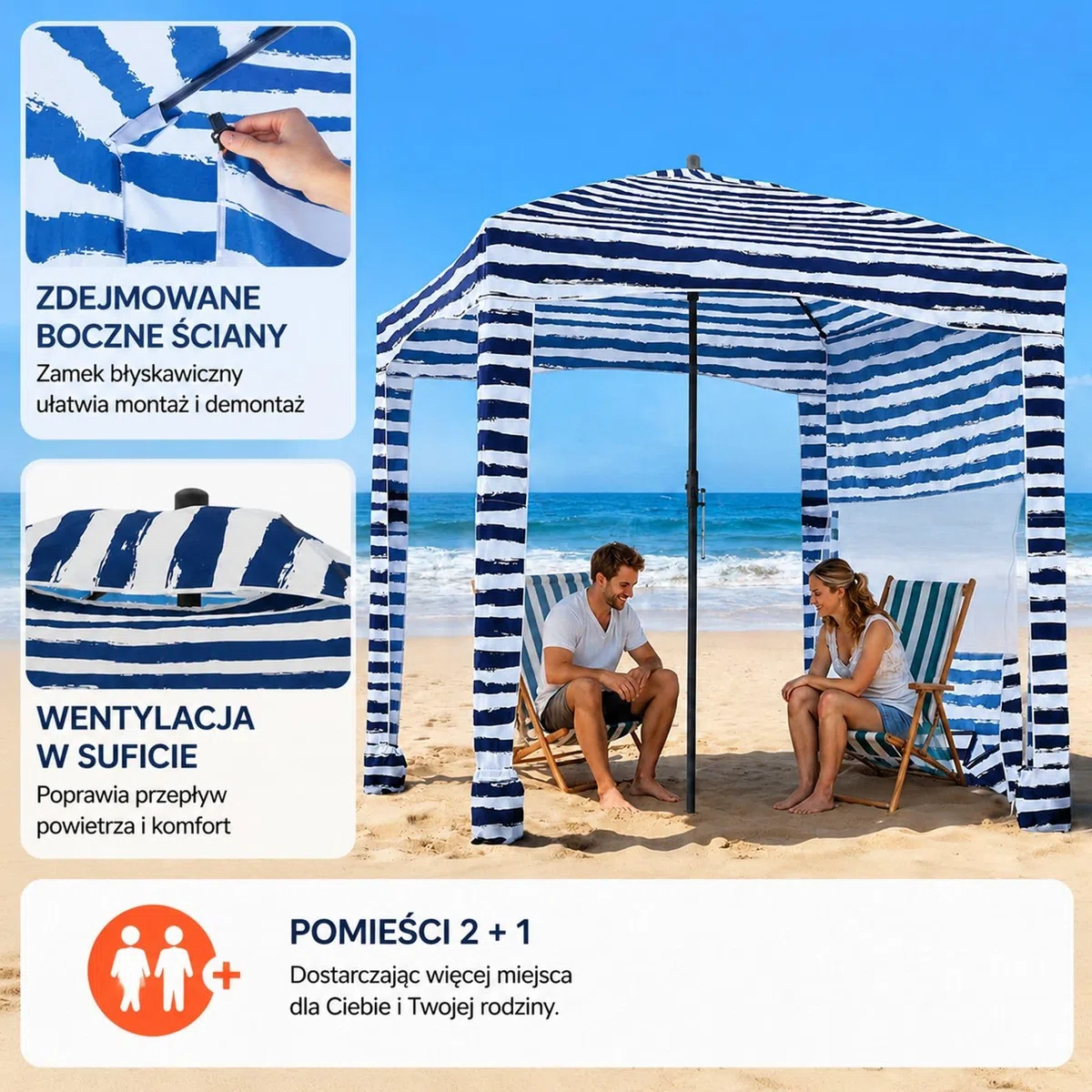 Kabana plażowa z panelem bocznym i workami na piasek, granatowe paski do użytku na plaży