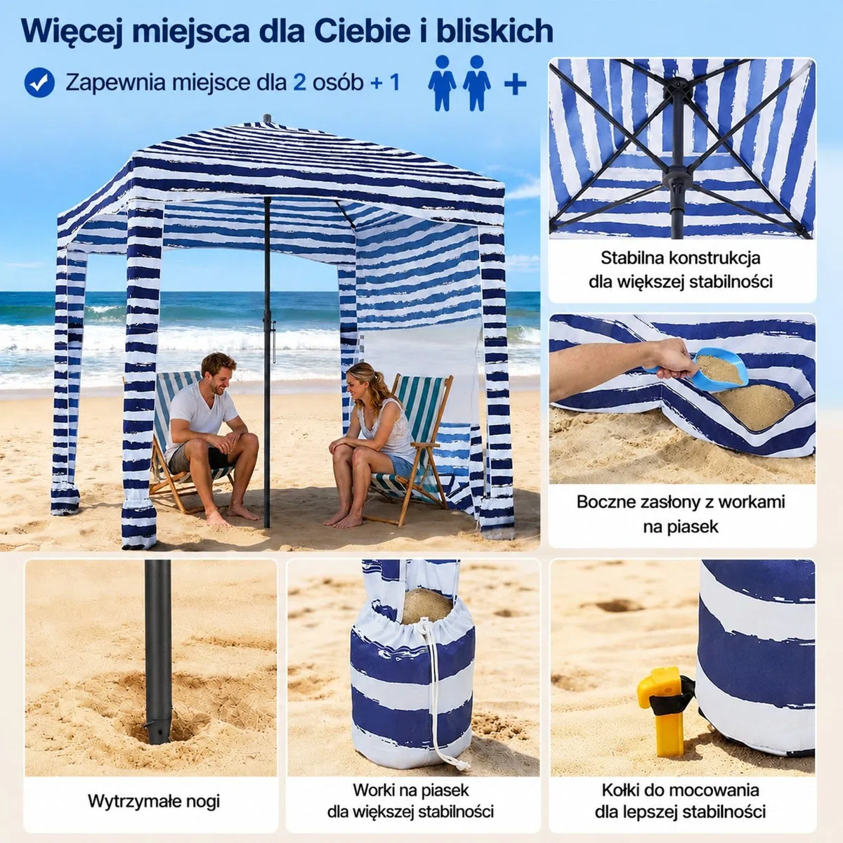 Kabana plażowa z panelem bocznym i workami na piasek, granatowe paski do użytku na plaży